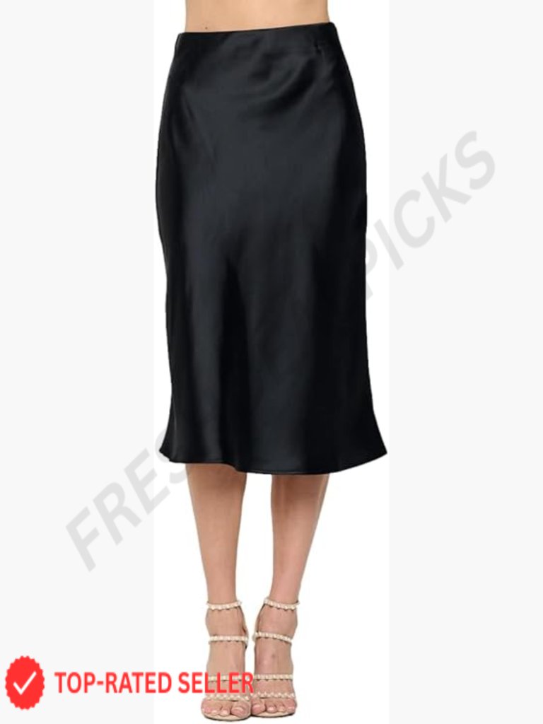 Silky Satin Midi Skirt High Waist Elastic Casual Elegant A-Line
